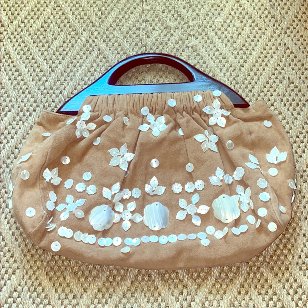 Moyna Tan Suede & Mother of Pearl Embellished Bag